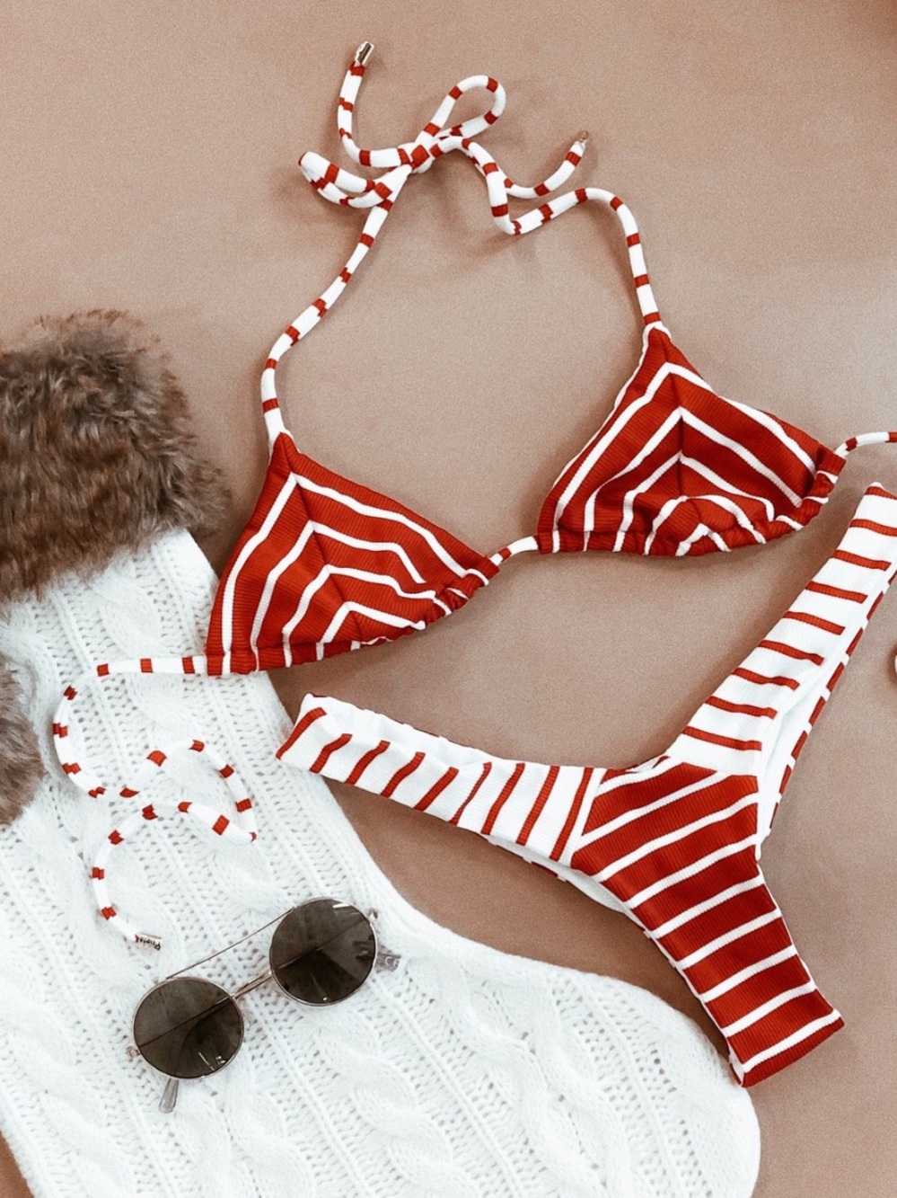 Beach Bunny Red and White Striped Bikini Set